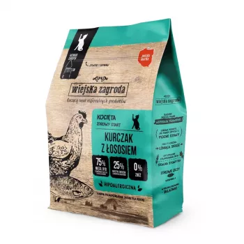 Dry cat food wiejskazagroda Chicken with Salmon 400 g — adult, protein 44%, fat 18%, gluten- and soy-free