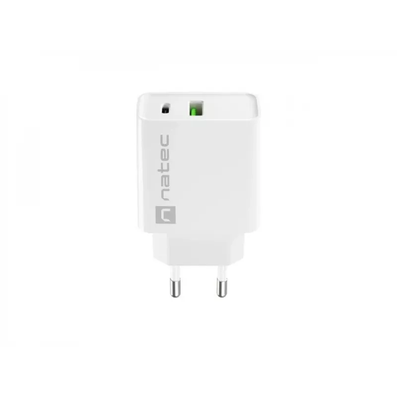 Indoor AC Fast Charging Charger NATEC RIBERA 12V 20W USB-C PD 3.0 + USB-A Samsung AFC White