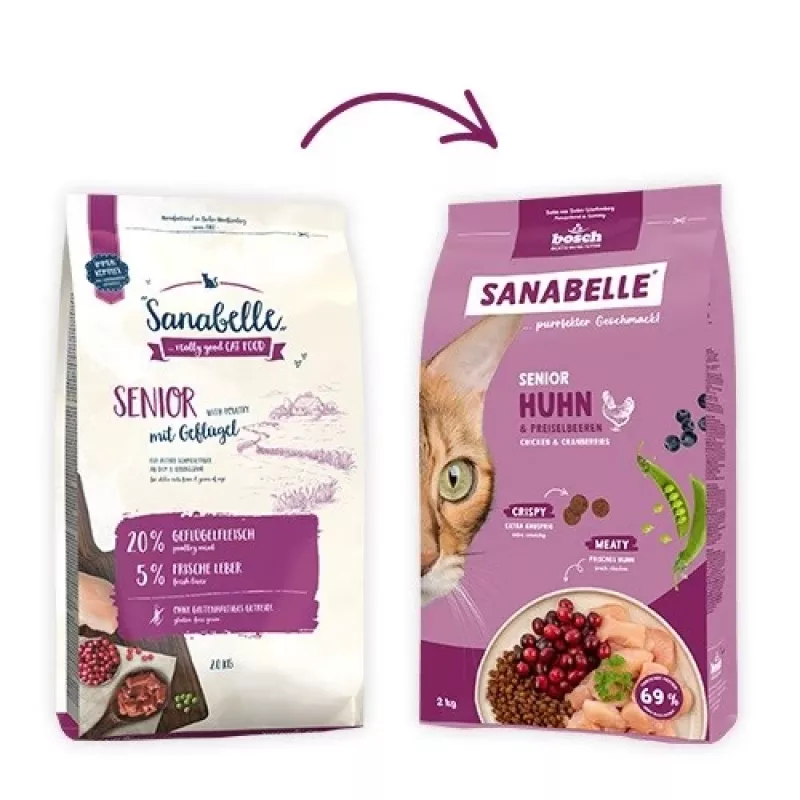 Dry cat food Bosch Sanabelle Life Senior — chicken & cranberries, 8 kg, 29% protein, 13% fat