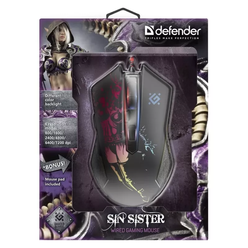 Gaming, optic, wired mouse DEFENDER GM-933 SIN'SISTER 7200dpi 6P RGB