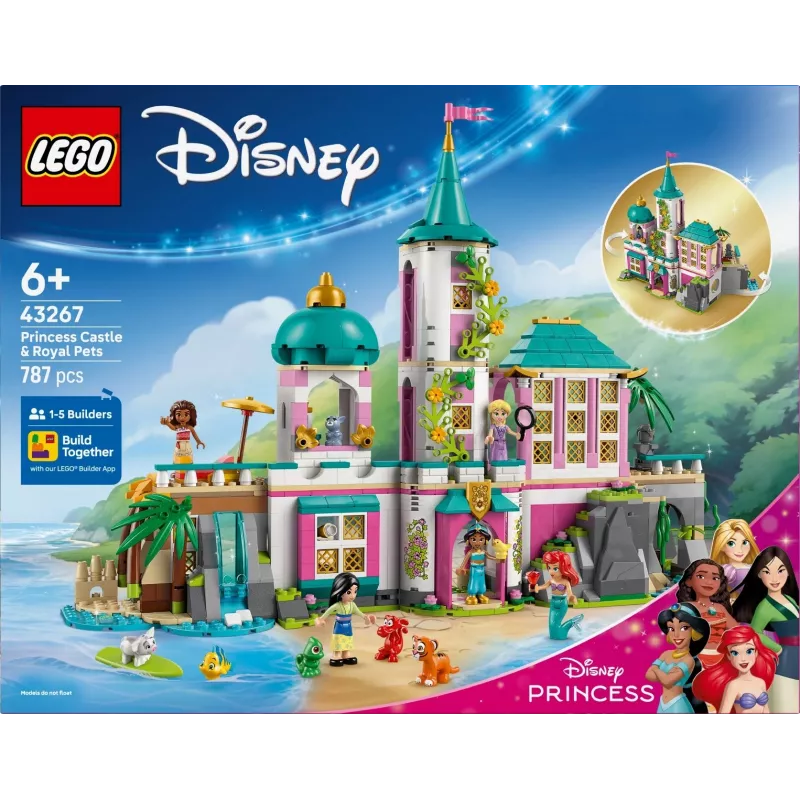 LEGO Disney Princess Castle and Royal Pets building set 43267 — 787 pieces, 5 minifigures, age 6+, 320×460×100 mm