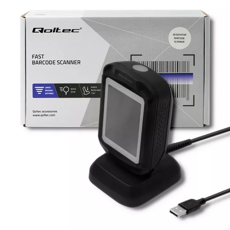 Fixed 1D/2D barcode reader QOLTEC 50864, LED sensor, USB wired, black, 145×85×80 mm