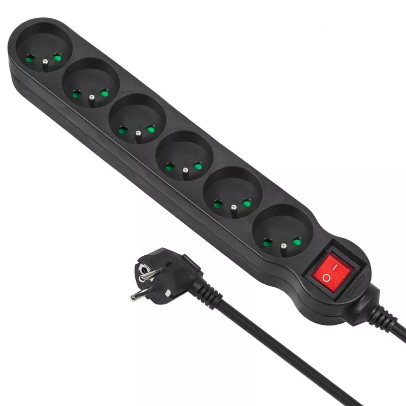 Power extension MACLEAN MCE225 — 1.5 m cable, 6 Type F AC outlets, indoor, black