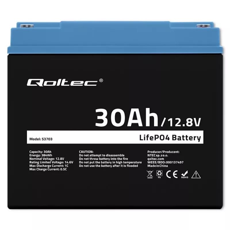 Rechargeable LiFePO4 Battery QOLTEC 12.8V 30Ah 384Wh with BMS