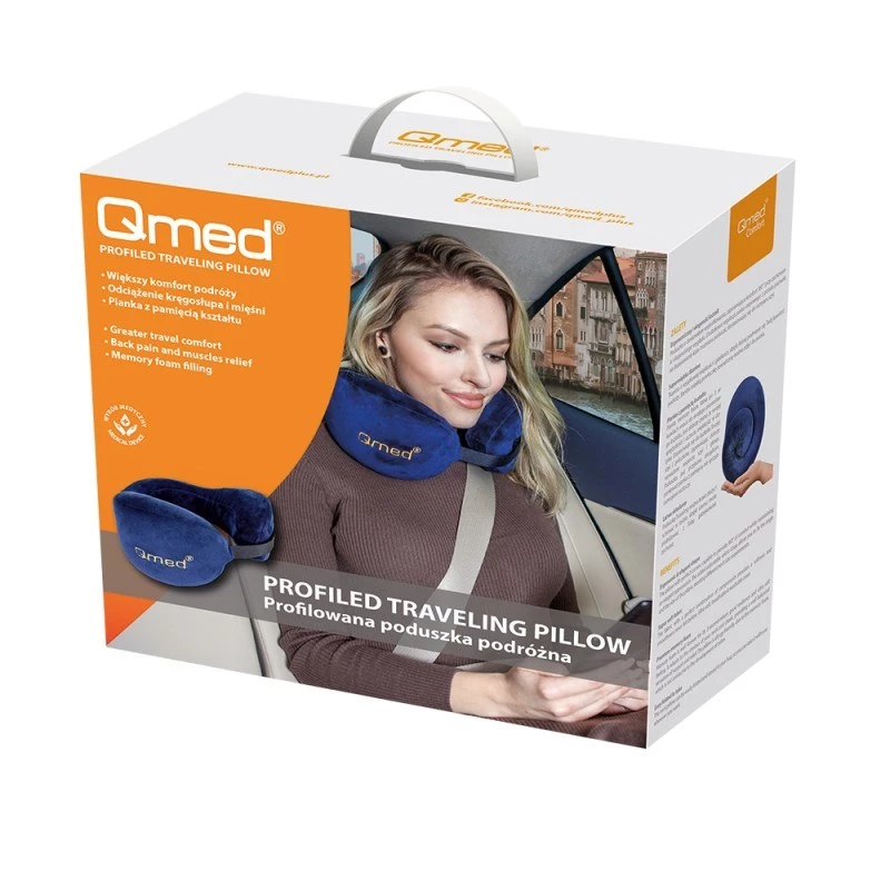 Travel neck pillow Qmed DRQE3J1CDXUXP — contoured ergonomic PU foam, 240×230×125 mm, density 45 kg/m³, garnet