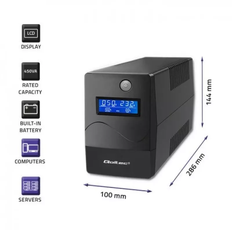 Qoltec Monolith uninterruptible power supply (UPS) Double-conversion (Online) 1 kVA 600 W 2 AC outlet(s)