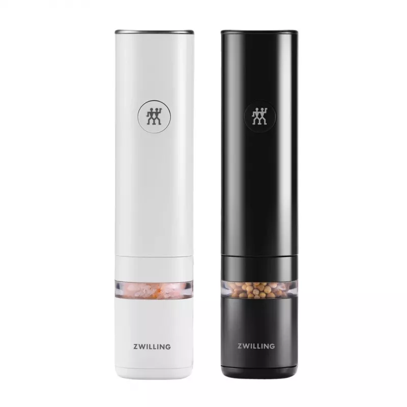 Salt & pepper grinder set ZWILLING Enfinigy electric, ceramic grinders, white & black, battery-operated, adjustable grind