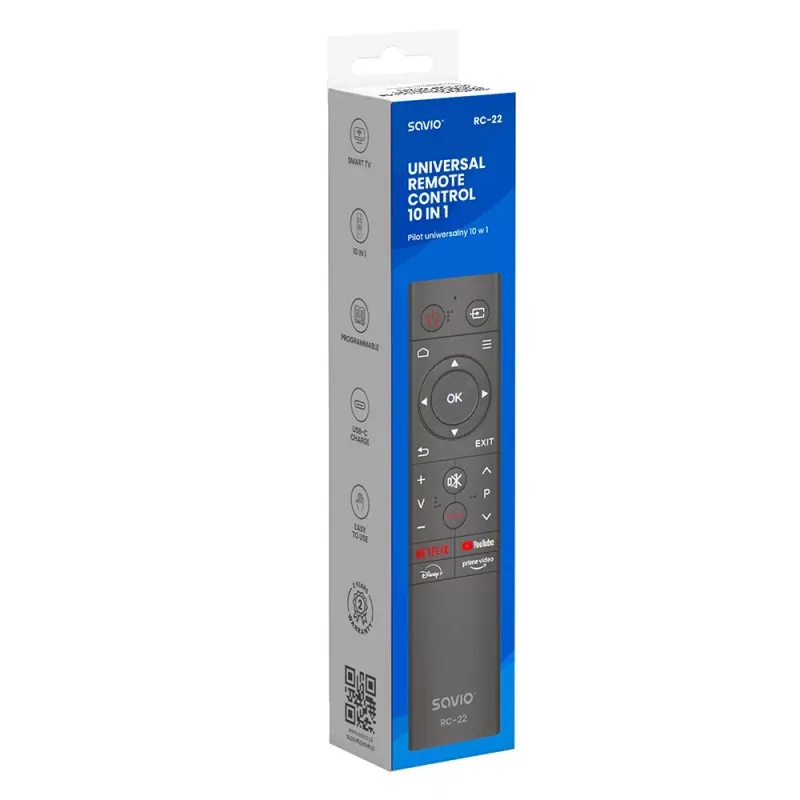SAVIO TV remote control RC-22 — IR wireless universal, 20 buttons, 10 m range, USB‑C, black
