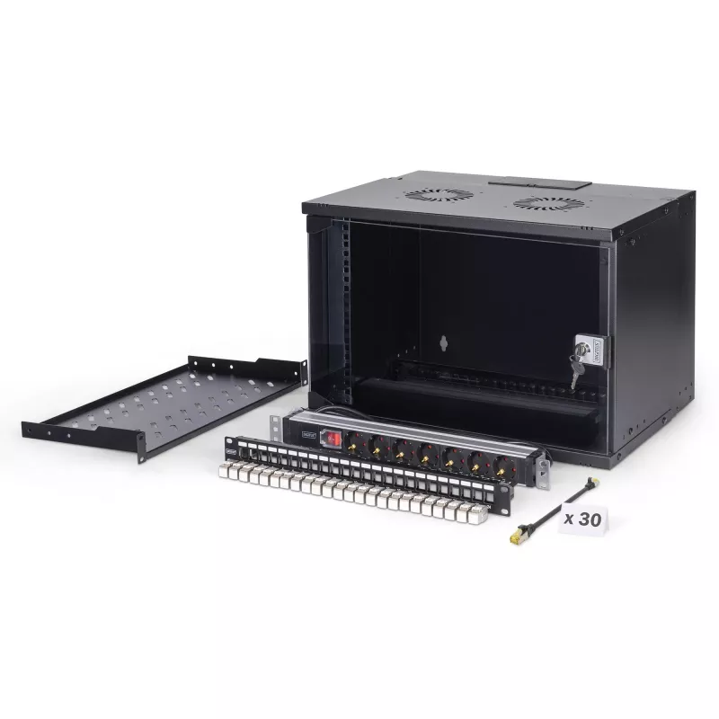 DIGITUS SOHO PRO 7U Wall-Mounted Network Cabinet Set, 19 inch, 60 kg Load, IP20, with 24-Port Cat6A Patch Panel, 24 Shielded Keystone Modules, 30x 0.25m S/FTP Patch Cables, 1U Shelf, 1U Power Strip, Black
