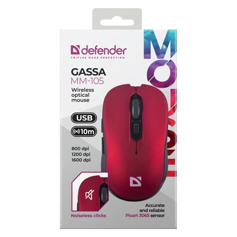 Wireless RF Silent Mouse DEFENDER Gassa MM-105 — Ambidextrous, 1600 DPI, 2.4 GHz, Nano USB Receiver