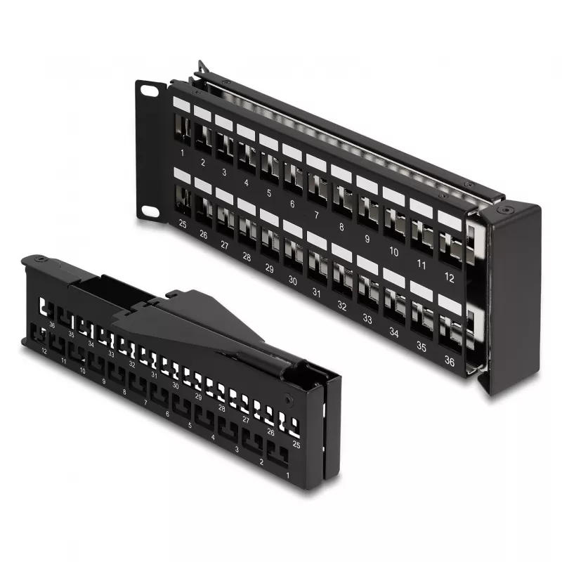 DeLOCK 19 inch Keystone Patch Panel 48 port with strain relief 2U angled black