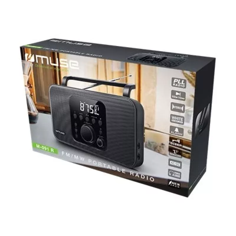 Portable radio muse M-091 R — FM/AM, LCD display, AC or AA/D battery power, rotary volume, 1.1 kg, black