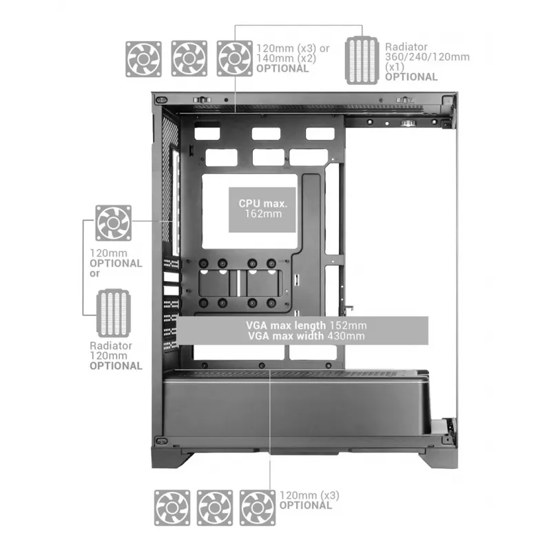 TACENS Mars Gaming MCPRISMA Midi Tower PC case, Black, tempered glass, supports ATX/Micro-ATX/Mini-ITX, 2x3.5 inch + 2x2.5 inch bays