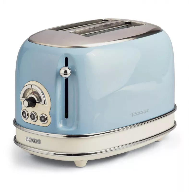 Ariete 155 Design 2 Slice Toaster with Sandwich Cages, 6 Toasting Levels, 810 W, Stainless Steel Body, Removable Crumb Tray, Pastel Blue