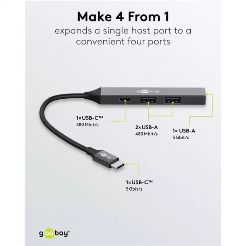 Goobay Slim 4-Port USB-Hub, USB-C™ auf USB-C™/USB-A, USB 3.2 (74459)