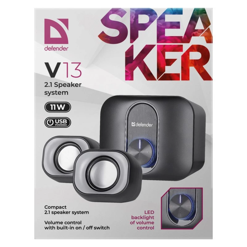 Desktop 2.1 Speakers DEFENDER V13 — 11W RMS (6W satellites, 5W subwoofer), USB powered, 3.5 mm input, black