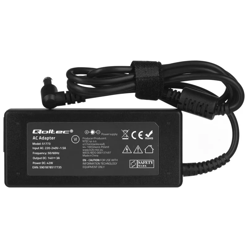 Mobile device charger QOLTEC 51773, 42W, 14V 3A, input 220–240V 50/60Hz, black, 1.19m cable