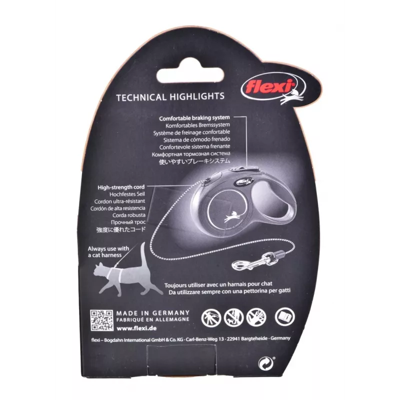 Retractable leash Flexi New Classic Cat XS 3 m — cord lead for small pets, black, max load 8 kg