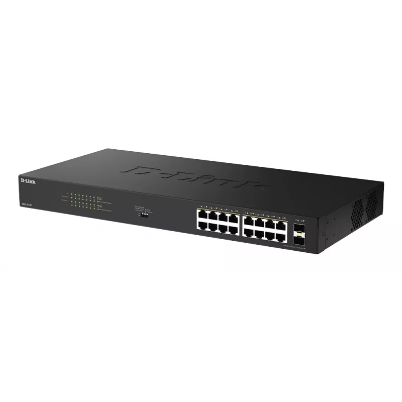 D-Link 18-Port Gigabit Unmanaged PoE Switch DGS-1018P/E — 16 x Gigabit RJ-45, PoE (IEEE 802.3af/at), 36 Gbit/s switching capacity