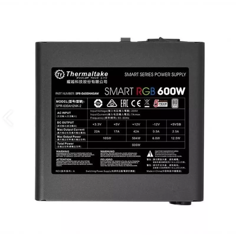 Thermaltake SMART RGB PS-SPR-0600NHSAWE-1 - Power Supply (Internal) - ATX12V 2.3 - 80 PLUS - AC 230 V - 600 Watt - active PFC - Black