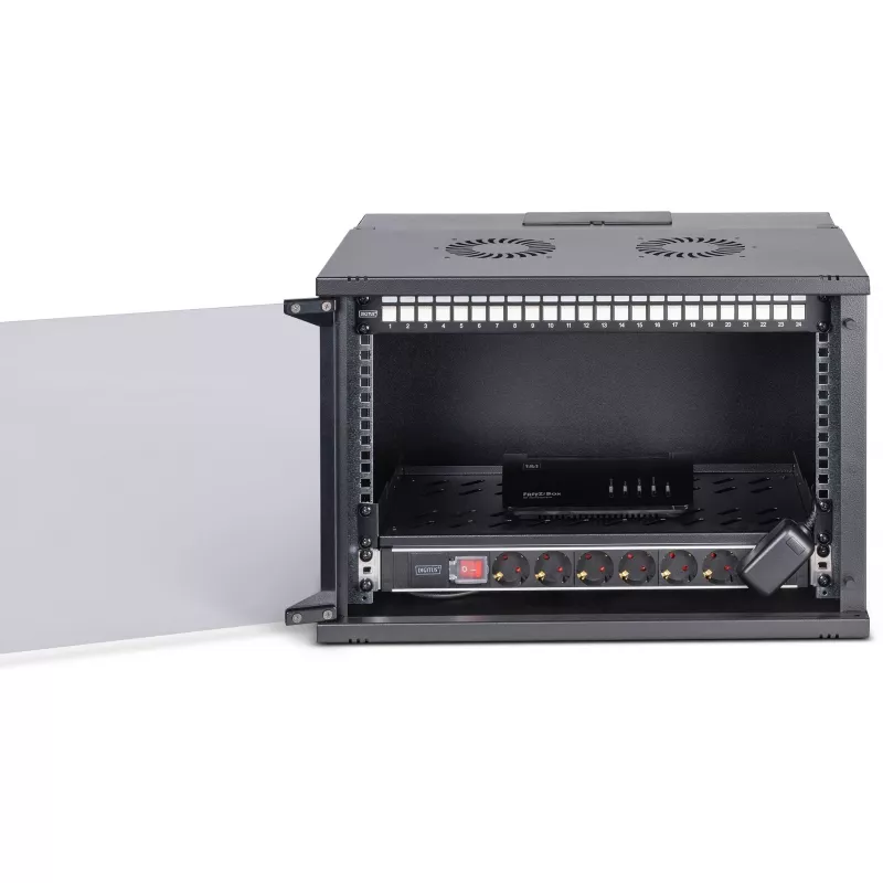 DIGITUS SOHO PRO 7U Wall-Mounted Network Cabinet Set, 19 inch, 60 kg Load, IP20, with 24-Port Cat6A Patch Panel, 24 Shielded Keystone Modules, 30x 0.25m S/FTP Patch Cables, 1U Shelf, 1U Power Strip, Black