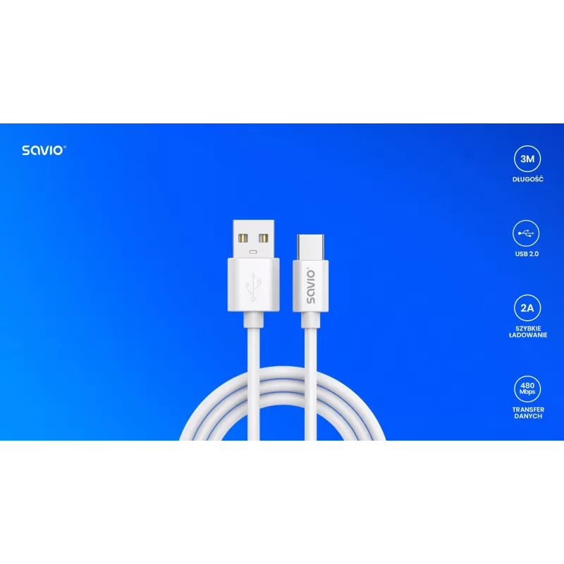 USB 2.0 cable SAVIO CL-168, USB A (male) to USB C (male), 3 m, white