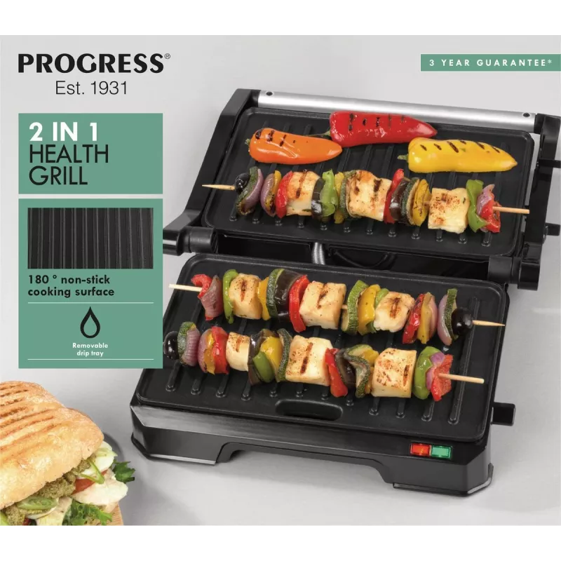 Electric 2-in-1 Health Grill Progress EK5854PVDE with non-stick plates and adjustable temperature