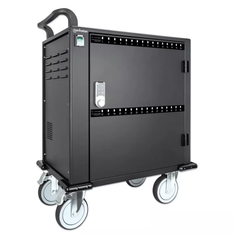 Manhattan iPad to 13 inch, MacBook Air to 13 inch & Chromebook to 14 inch 32-bay Charging Trolley/Cart via USB-C, Also other tablets/smartphones (with device to USB-C cable), Bays 330x22x235mm, Device charging cables not included (suggest USB-C cable 354868),Cabinet