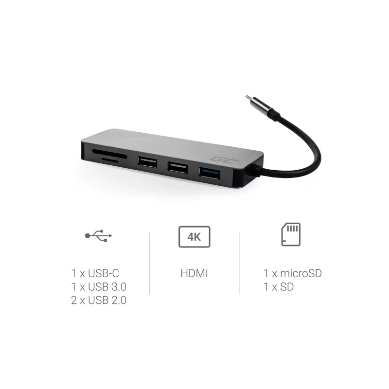 Green Cell AK50 - USB 3.2 Gen 1 (3.1 Gen 1) Type-C - USB 2.0 - USB 3.2 Gen 1 (3.1 Gen 1) Type-A - USB 3.2 Gen 1 (3.1 Gen 1) Type-C - MicroSD (TransFlash) - SD - Silver - Apple MacB