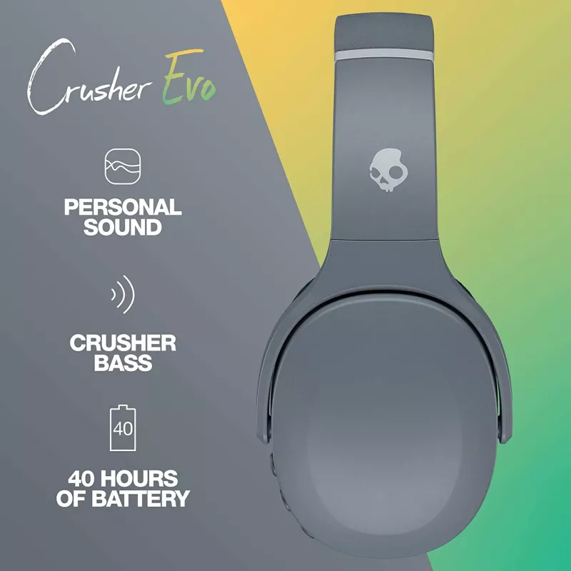 Headphones Skullcandy Crusher Evo — wired & Bluetooth, grey, 40 h playback, USB-C, AUX, foldable