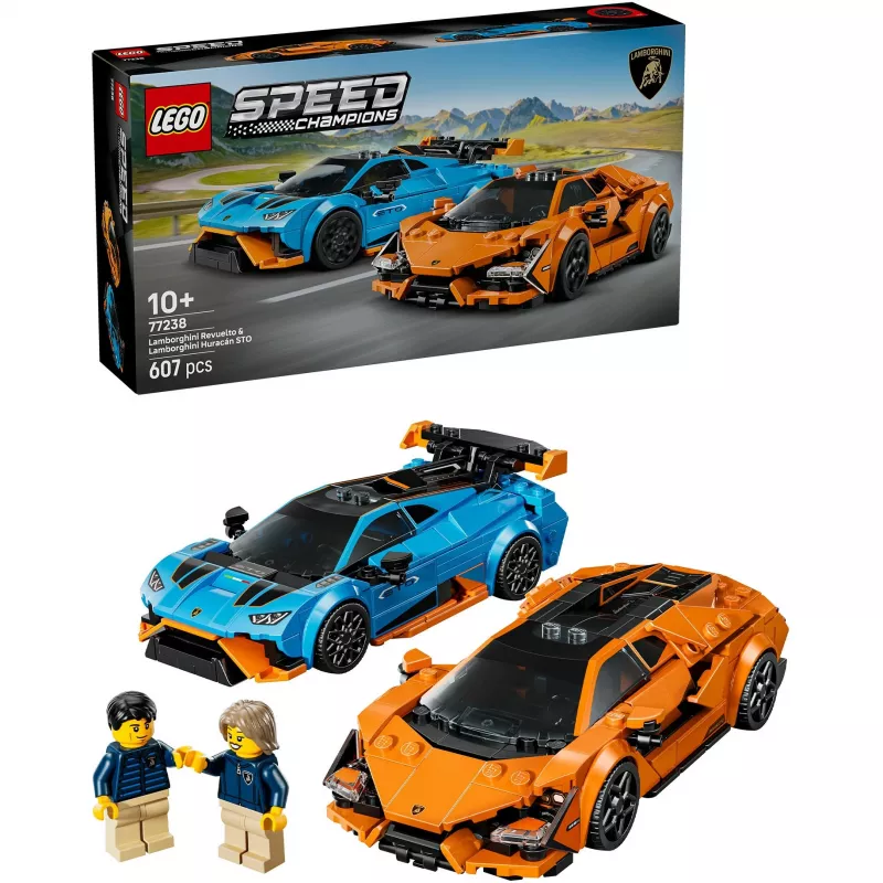 Construction toy LEGO Speed Champions set 77238 — Lamborghini Revuelto & Huracán STO, 607 pieces, 2 minifigures, recommended age 10+