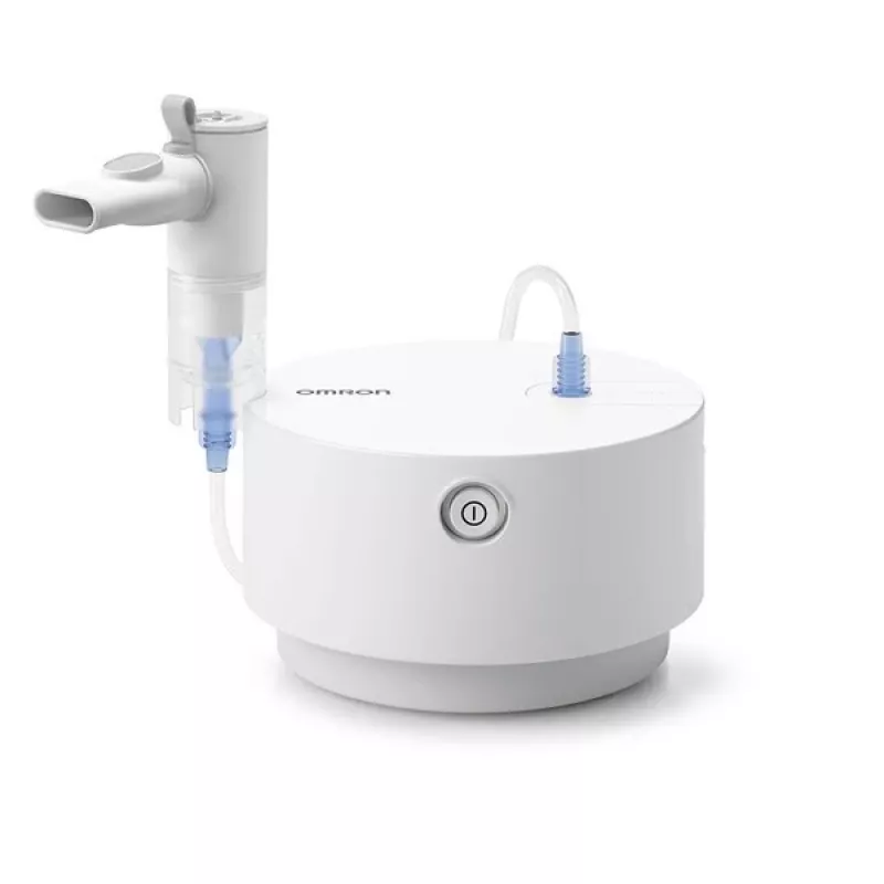 Tabletop nebulizer Omron C28P with 10 ml/min capacity, 2.65 µm particle size, white, dimensions 265×195×143 mm
