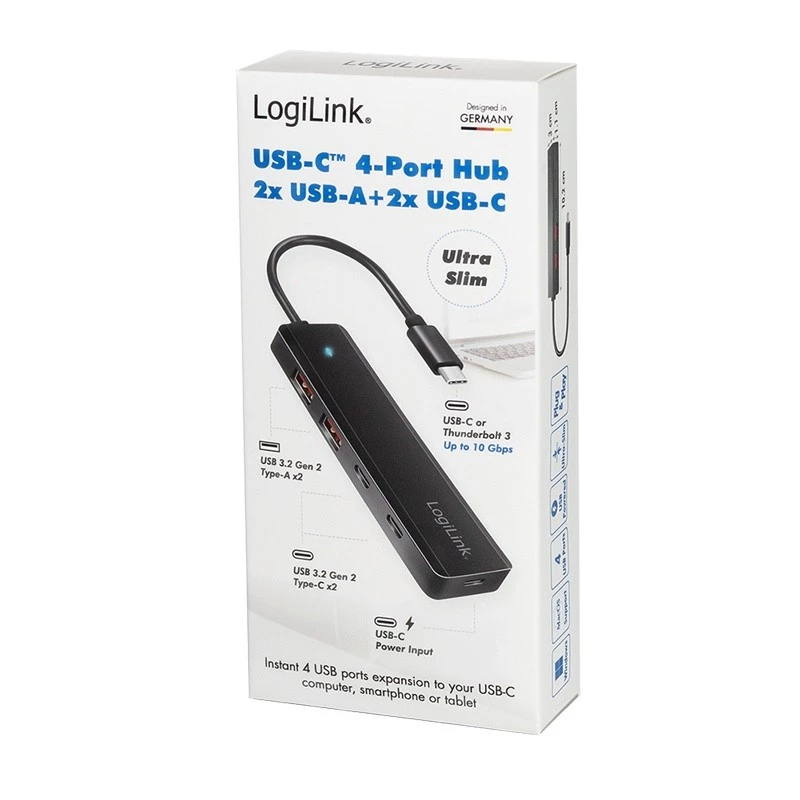 Hub USB-C, 4-porty 2x USB-A,2xUSB-C, Black