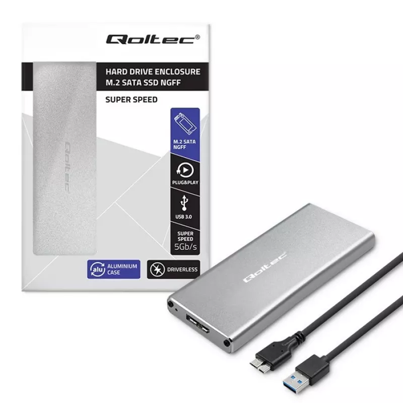 Aluminum enclosure QOLTEC 51833 for M.2 SSD, SATA to USB 3.0, supports up to 2TB