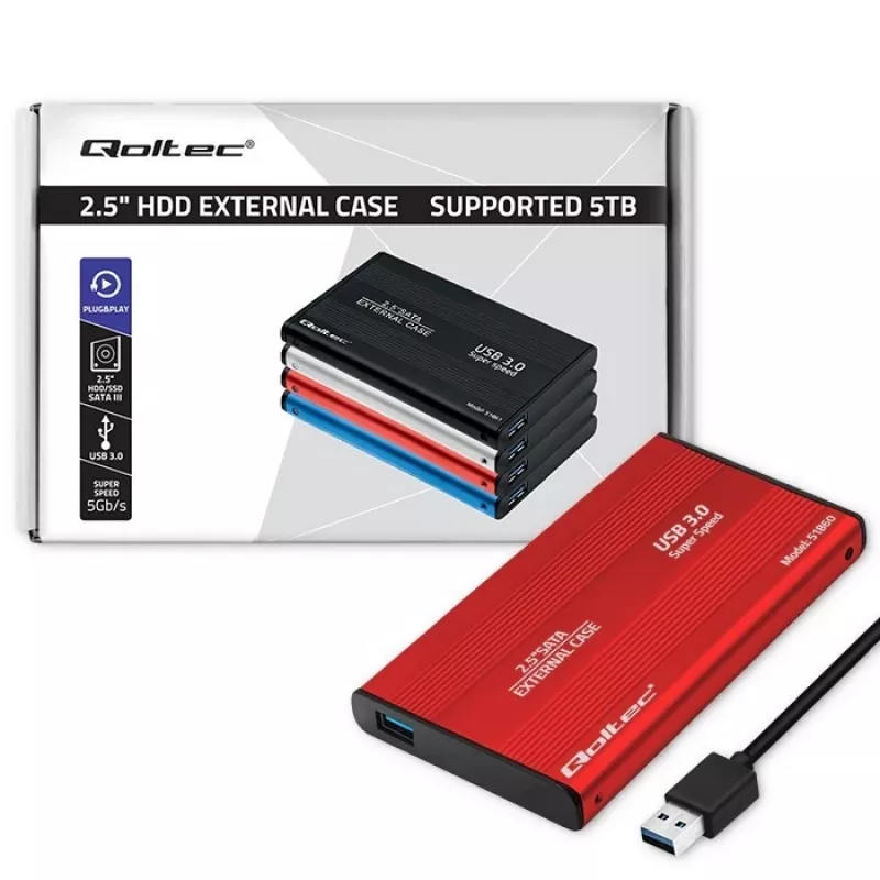 HDD/SSD enclosure QOLTEC 51860 for 2.5 inch SATA III drives, USB Type-A, 5 Gbit/s, aluminium, red