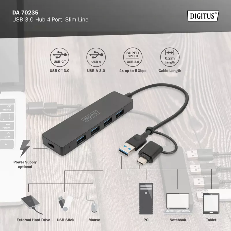 USB Hub, Digitus, DA-70235, 4-Port, USB 3.2 Gen 1, Type-A and Type-C, 12000 Mbit/s