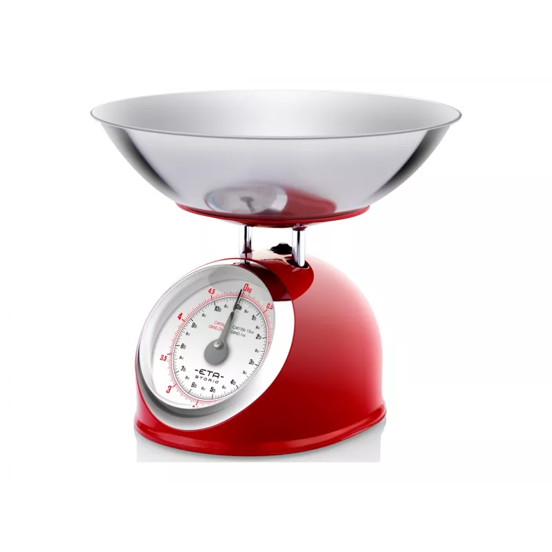 Mechanical kitchen scale ETA ETA577790030 — 5 kg capacity, 25 g accuracy, stainless steel top, white housing