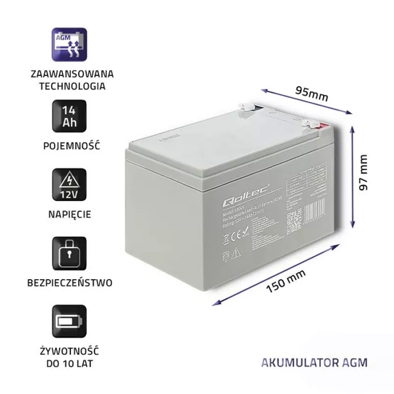 Qoltec 53045 AGM battery 12V 14Ah