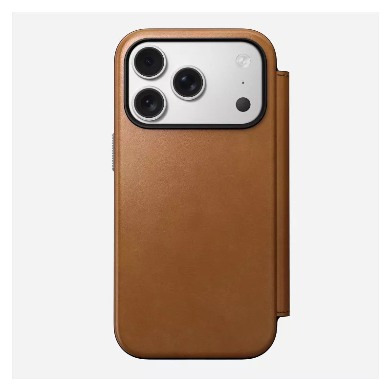 Folio phone case Nomad Modern Leather Folio for iPhone 17 Pro, leather + aluminium, 6.3 inch (16 cm), Tan, 3 card pockets