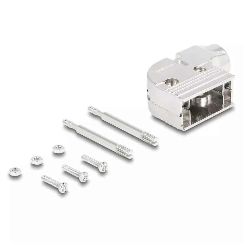 DELOCK D-Sub housing 9‑pin angled 90° cable boot, silver plastic, 33×47×16 mm