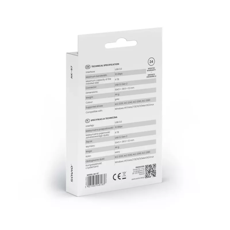 M.2 SSD enclosure SAVIO AK-67 Grey, USB 10 Gbit/s, single M.2 drive support