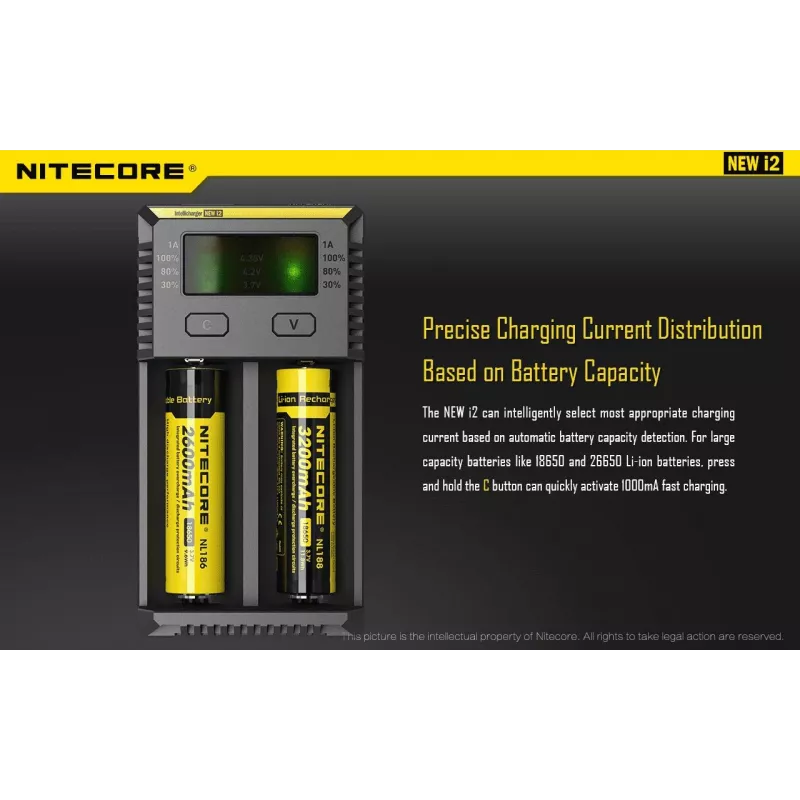 Battery Charger Nitecore NEW i2 — 2‑bay charger for LiFePO4, Li‑Ion, NiMH; input 100–240V; output 9–12V; supports AAAA/C/D/AAA/AA; black