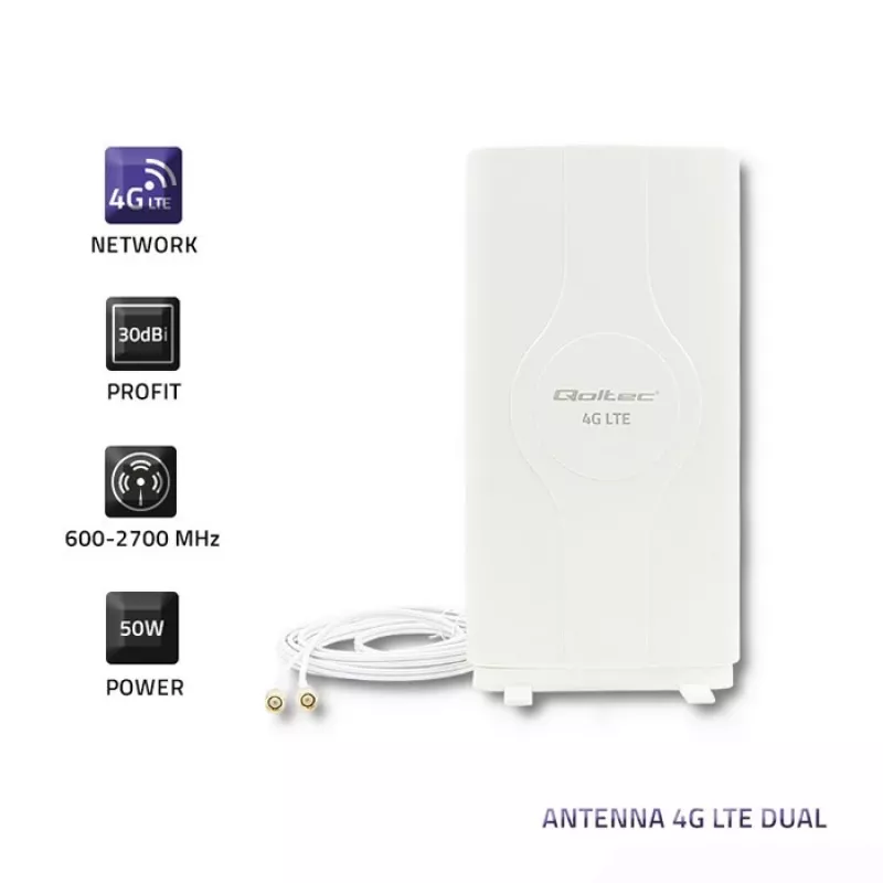 Omni-directional antenna QOLTEC 57013, 0.6–2.7 GHz, 30 dBi, vertical polarization, 50 Ω, white ABS housing