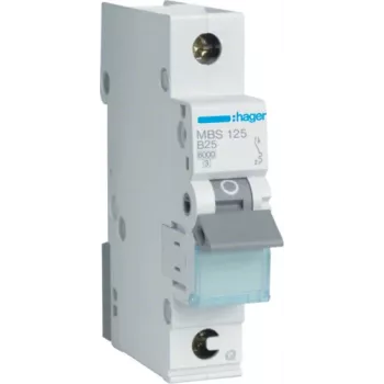 Hager MBS125. Rated Current: 25 A. Type: B-type, Module Quantity (max): 1 Module(e). Width: 17,5 mm, Depth: 70 mm, Height: 83,4 mm (MBS125)
