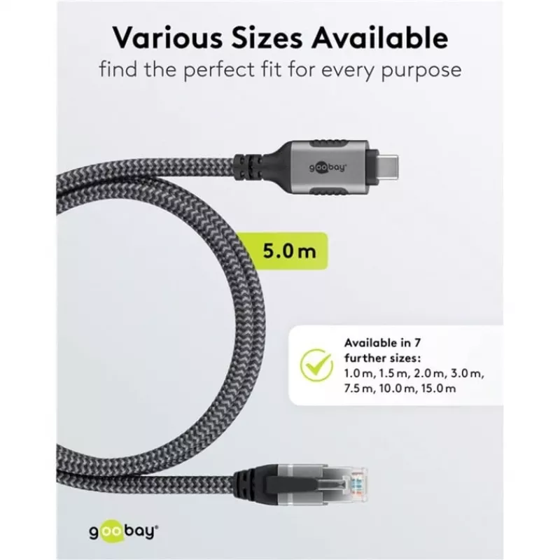 Ethernet-Cable USB-C 3.2 Gen2 Plug > RJ-45 Plug (black/Silver, 5 Meter, braided textile jacket)
