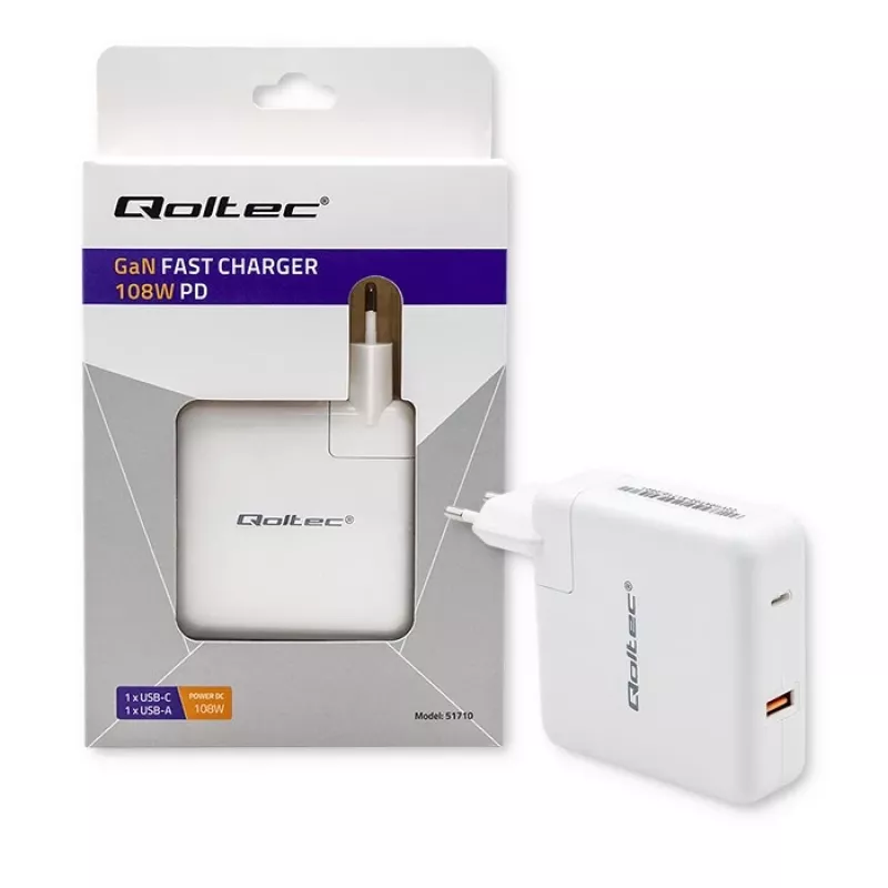 Qoltec GaN Charger FAST 108W | 5-20V | 3-4.7A | USB C | White