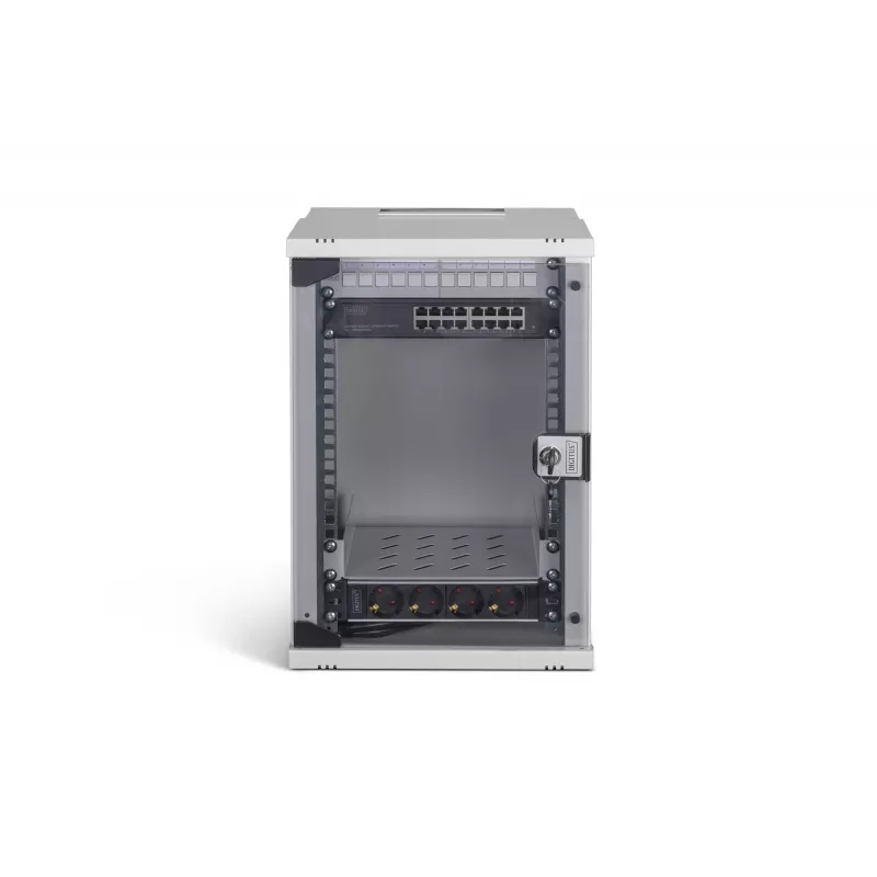 DIGITUS SOHO PRO 9U 10 inch Wall-Mounted Network Cabinet Kit, Grey, 315x300mm, with Switch, Patch Panel, Cables