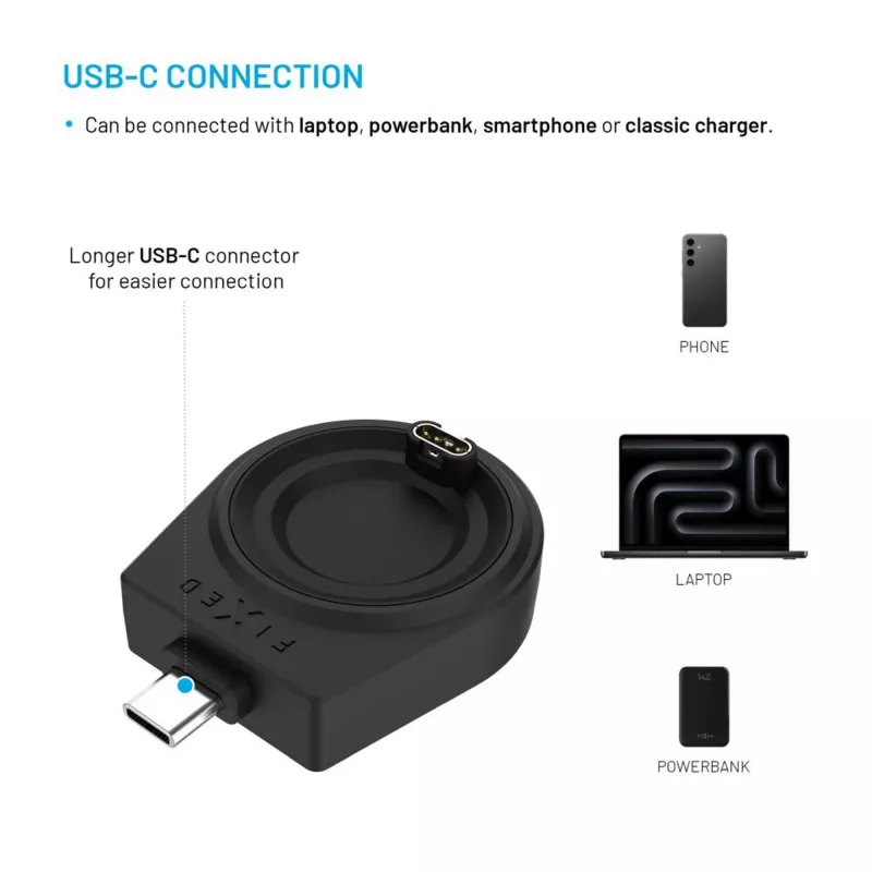 Charging USB-C adapter FIXED for Garmin Fenix/Epix/Venu/Vívoactive — compatible models listed