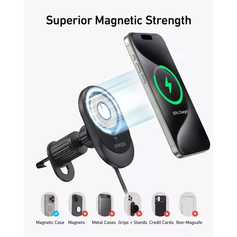 Wireless Magnetic Car Charger Anker MagGo 15W — Magnetic 15W Qi Fast Charging for Smartphones, Black