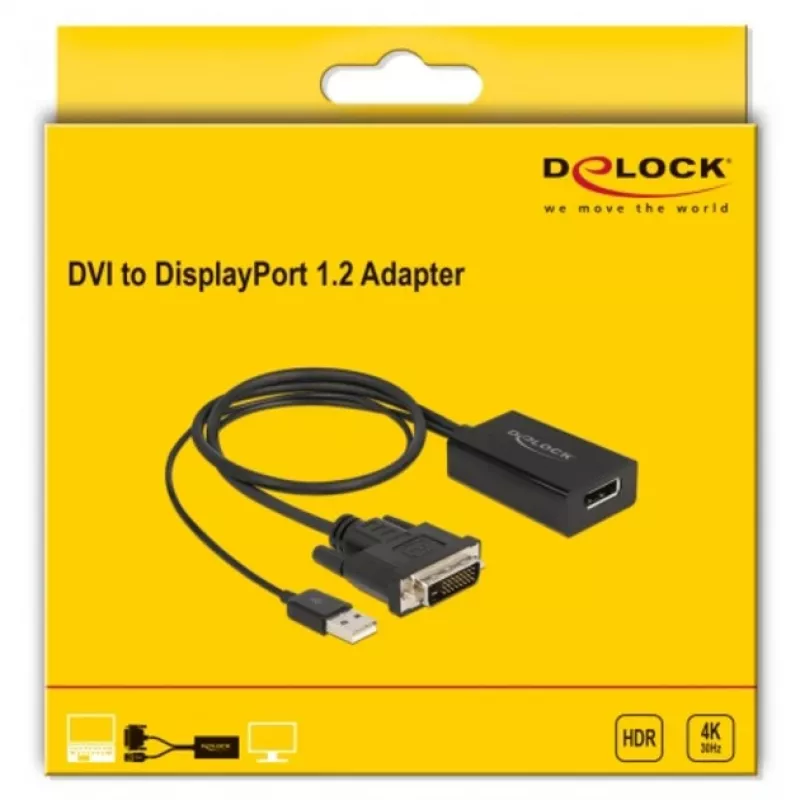 Delock - Adapter Cable - DVI-D, USB (power only) (M) to DisplayPort (W) - DisplayPort 1,2 - 50cm - Support of 4K 30 Hz - Black (63189)